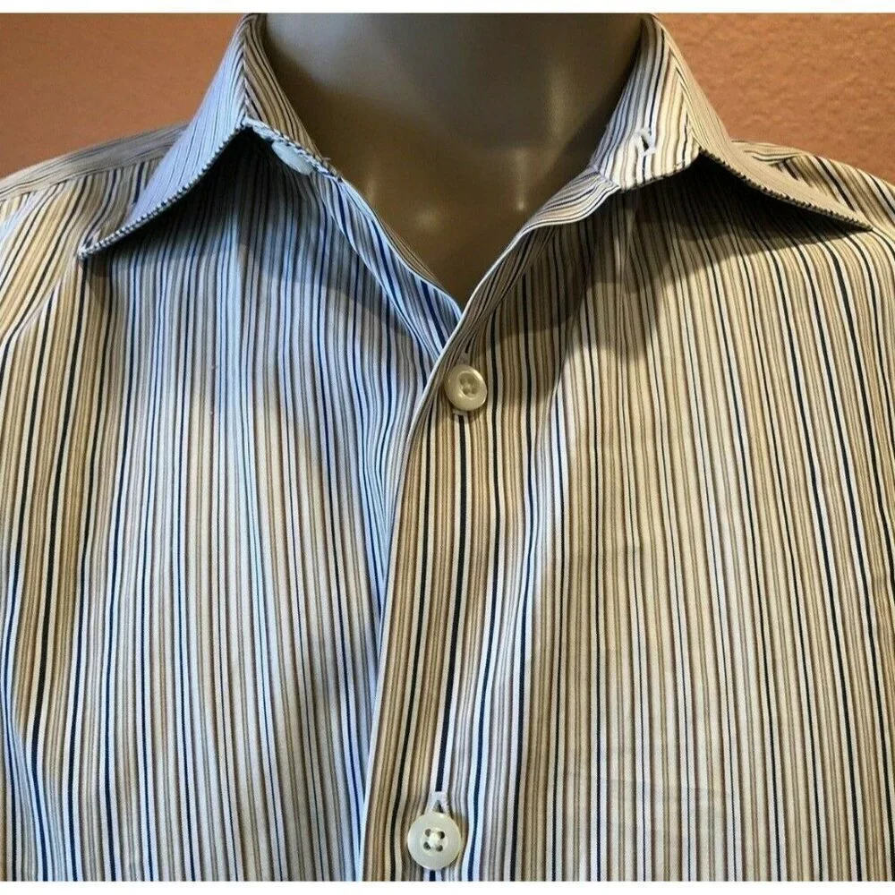 Banana Republic Mens Large Brown Striped Button Front 16 16.5 Slim Fit Italy